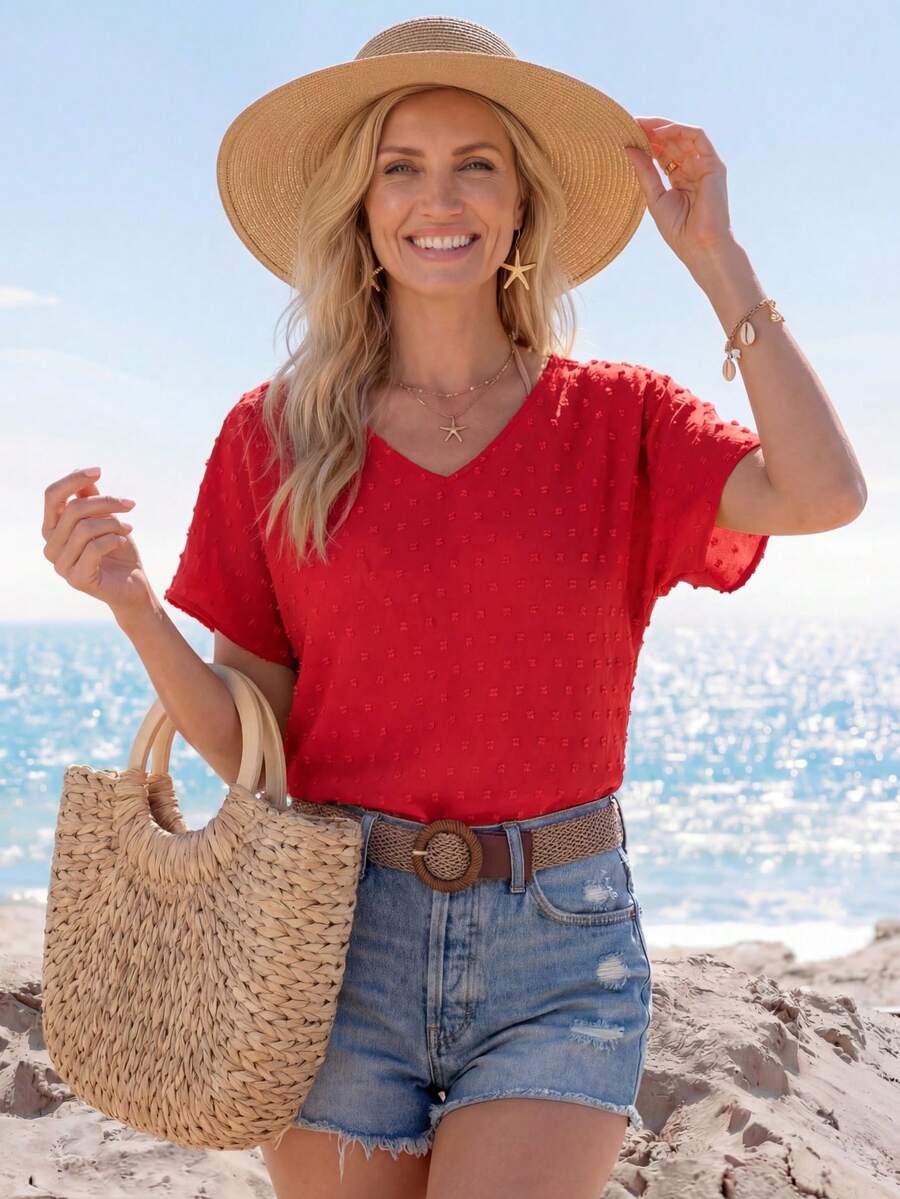 Sylviya 女士简约短袖日常衬衫，短袖上衣，休闲款 - 紅色 - 查看 1