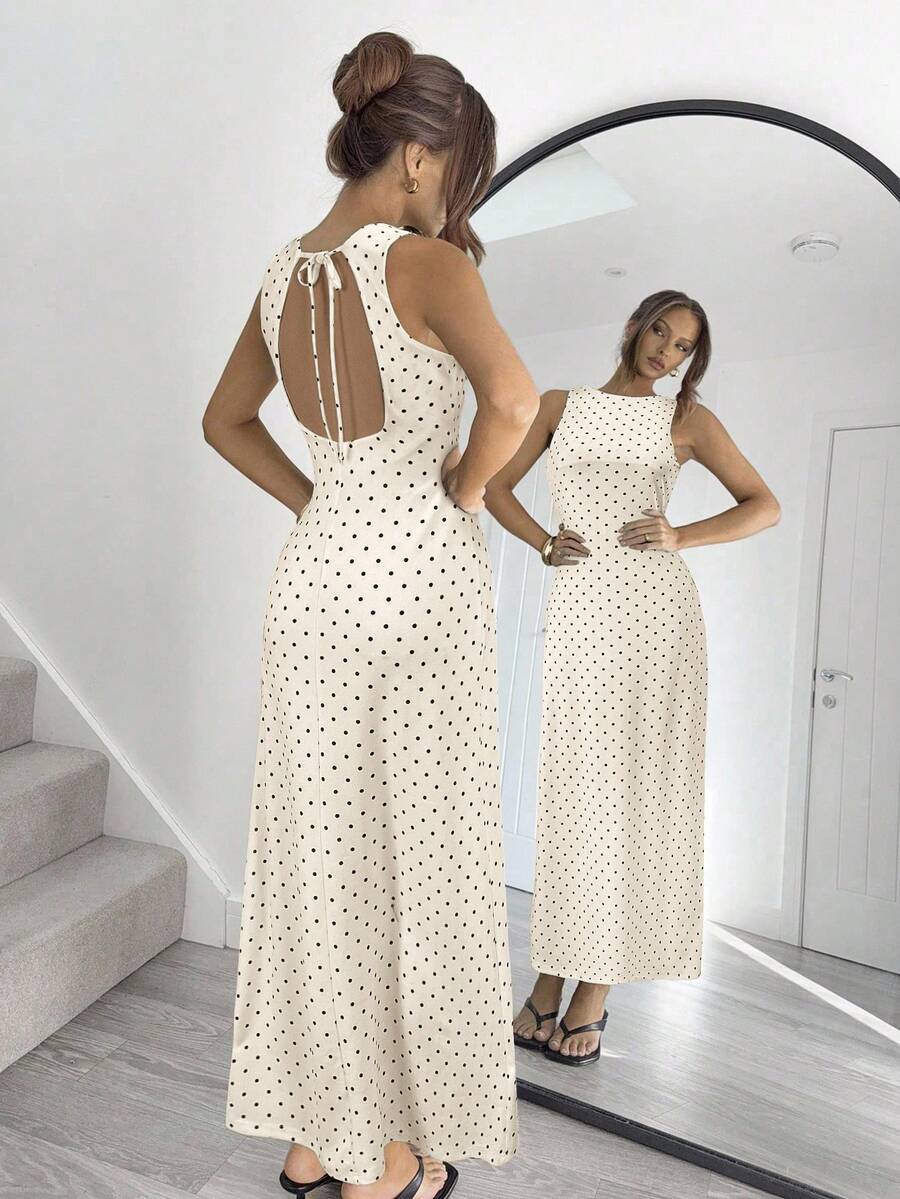 Siren Gaze Elegantes Damen Kleid mit Polka Dot Muster und rückenfreiem Rücken, Sommer Polka Dot Maxikleid, elegante Damenoutfits, Damenbekleidung, Damenkleid, Abendgarderobe, Hochzeitsgast Kleid, Damen Polka Dot - Aprikosenfarben - Übersicht 1