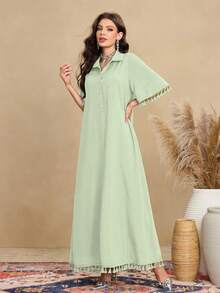 Al Najma Rochie de damă cu mânecă scurtă, cu guler cămașă și design retro, stil arab casual - Verde - Vizualizare 3