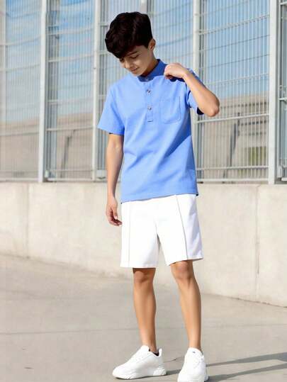 Vacaura 2pcs/Set Boys' Casual Half-Placket Mandarin Collar Shirt Set With White Shorts, Simple & Fashionable, Comfortable For Daily, Commute, Vacation Wear