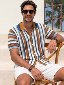 VIVINTIMO 男士拼色条纹前扣短袖针织上衣，男士夏季衬衫，2025年夏季骄傲节泳裤，男士钩针衬衫，男士度假装，男士夏季衬衫，条纹针织衬衫 - 彩色 - 查看 3