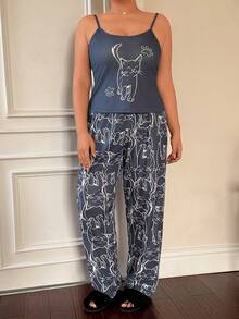 SHEIN 大码女式可爱猫咪印花吊带背心和休闲裤睡衣套装 - 彩色 - 查看 1