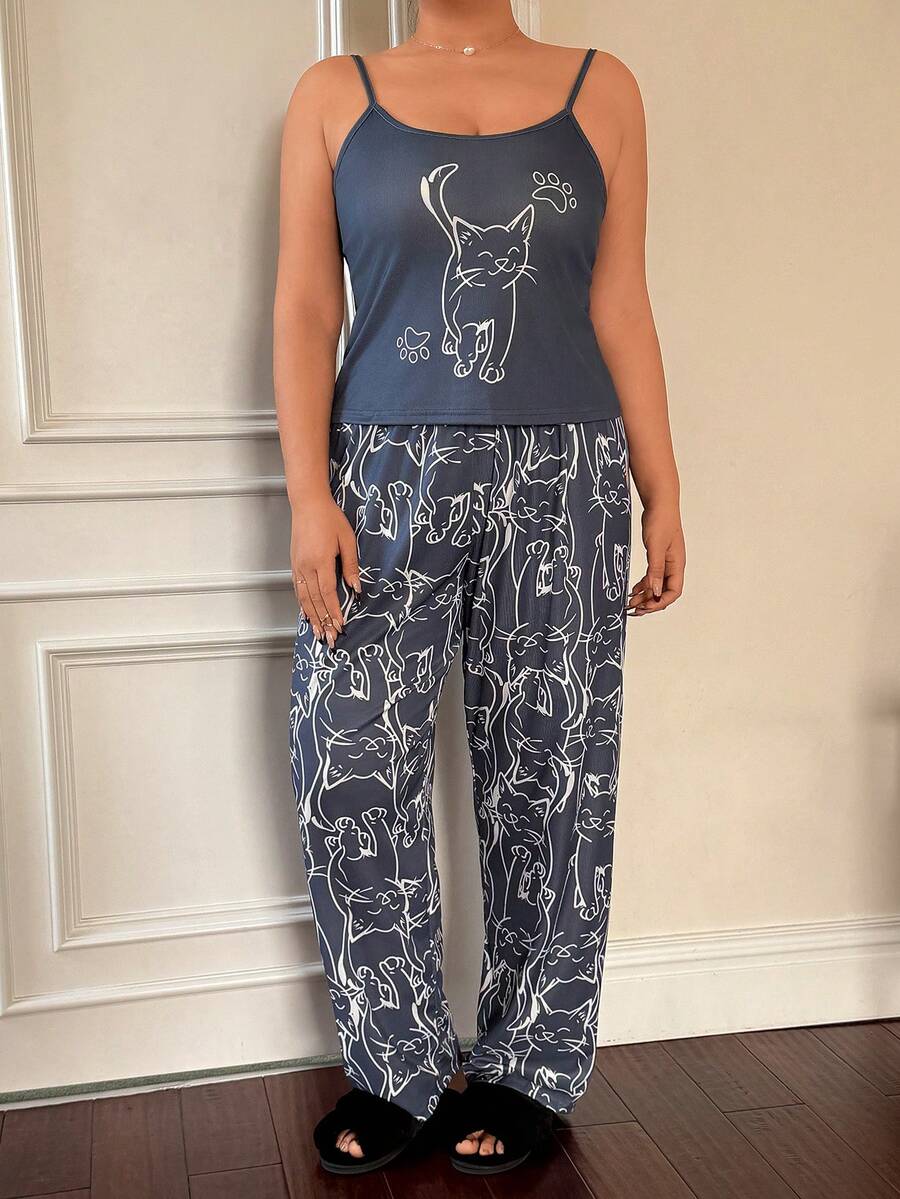SHEIN 大码女式可爱猫咪印花吊带背心和休闲裤睡衣套装 - 彩色 - 查看 1