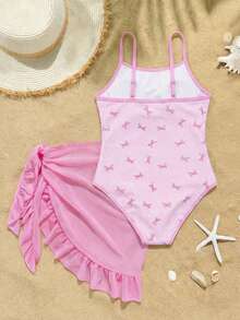 SHEIN Teen Girl Striped Bow Print Camisole Romper With Mini Skirt, Suitable For Swimming, Vacation, Summer Beach Wear - Pink - View 2