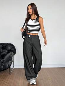 SHEIN PETITE 女士休闲百搭通勤阔腿牛仔裤 - 黑色 - 查看 7