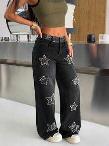 SHEIN PETITE Summer Streetwear Y2K Party Casual Vacation Women's Patchwork Leopard Print & Star Applique Pocket Wide Leg Loose Casual Black Denim Jeans , Petite Women - Black - View 4