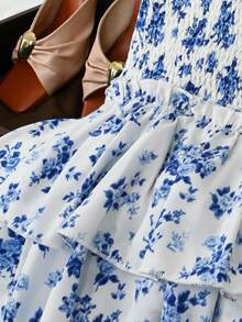 Franclia 女士碎花可调节肩带层叠下摆吊带衫 - 藍白色 - 查看 4