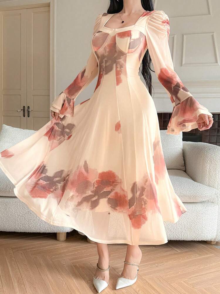 Women's Elegant Floral Print Square Neck Petal Sleeve Mid-Length Dress, Spring & Summer