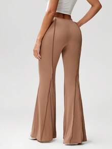 Denimoi Low Rise Rib Knit Flare Pants With Seam Details Sexy Bottoms Casual Loungewear Cozy Pants - Mocha Brown - View 1