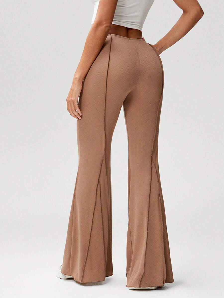 Denimoi Low Rise Rib Knit Flare Pants With Seam Details Sexy Bottoms Casual Loungewear Cozy Pants - Mocha Brown - View 1
