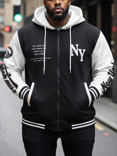 ResortEase 大码男士拉链抽绳休闲连帽运动衫，返校黑色度假字母长袖休闲拼色拉链连帽衫，适合朋友、丈夫、男朋友的礼物，适合秋季