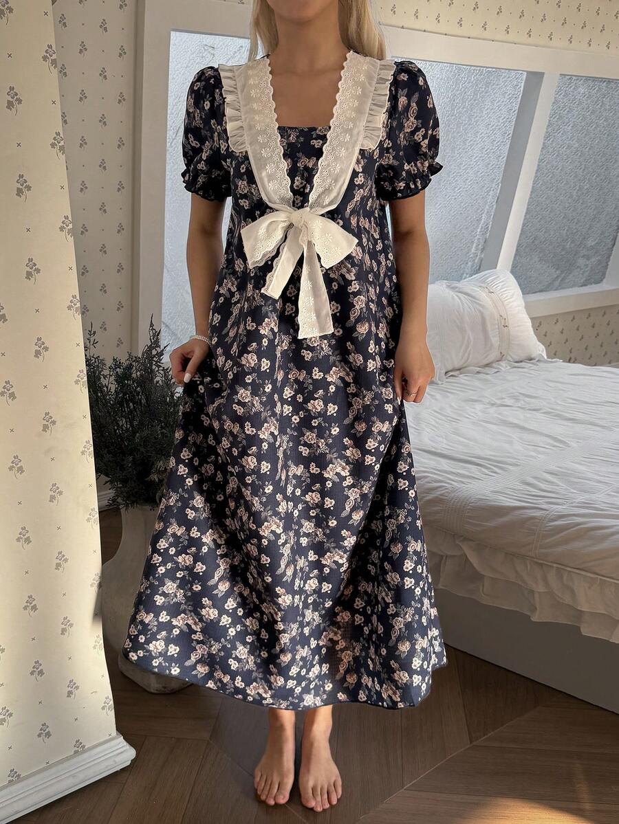 CottageSlumber Women's Vintage Ditsy Floral Patchwork Lace Trim Loose Long Nightgown, Palace Style - Navy Blue - View 1