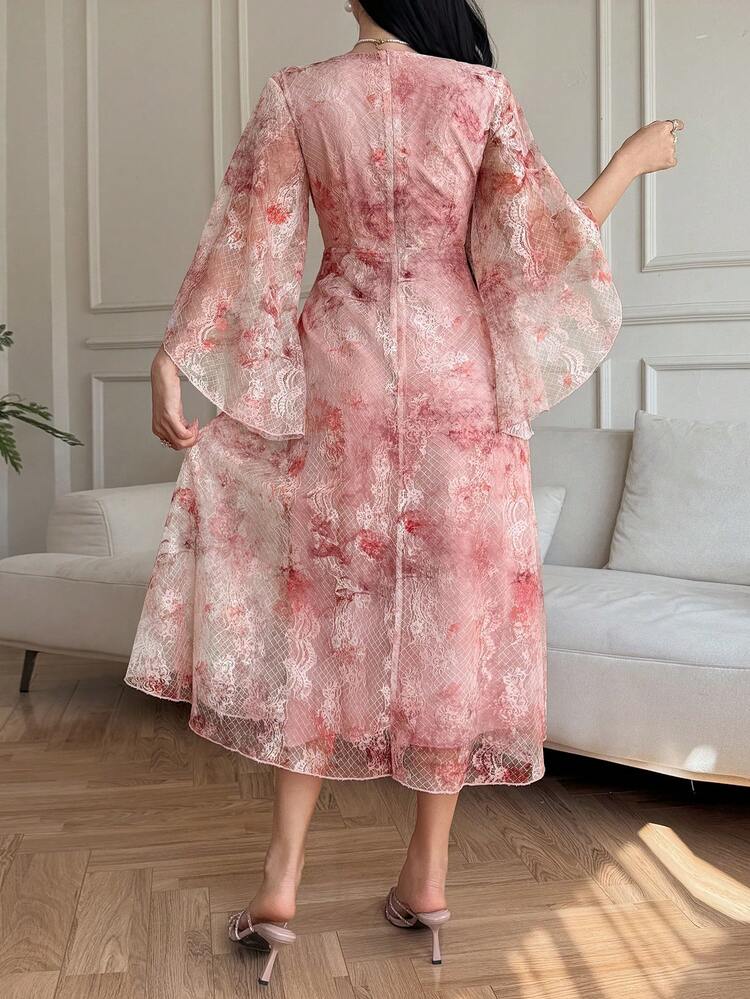 Women's Floral Lace V-Neck Flare Sleeve Ruched Waist Elegant Dress Maxi Dress Sundress