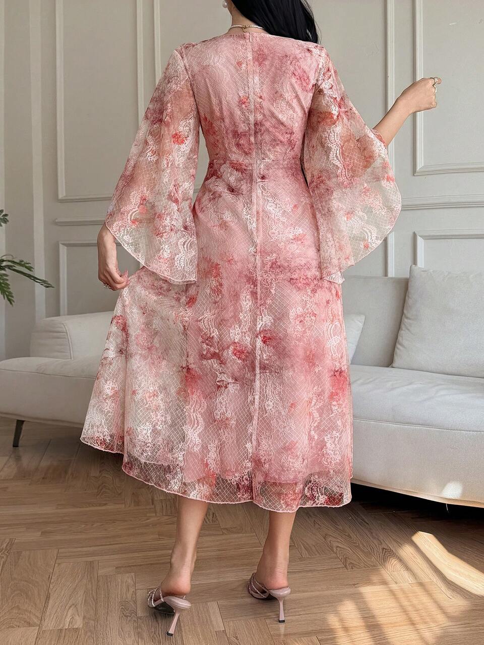 Women's Floral Lace V-Neck Bell Sleeve Ruched Waist Elegant Long Dress