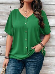 EMERY ROSE Plus Size Women's Orange Button Embellished Short Sleeve Shirt For Spring - Green - View 1
