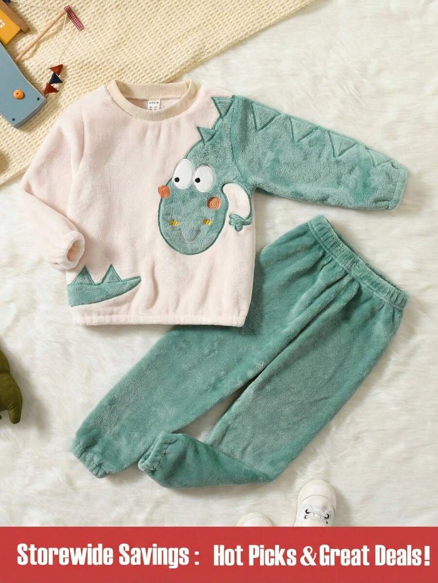 SHEIN 男童卡通刺繡法蘭絨套頭衫和運動長褲 - 彩色 - 查看 1