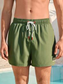 Manfinity KASUA Men's Summer Holiday Letter Patch Drawstring Waist Beach Shorts - Dark Grey - View 3