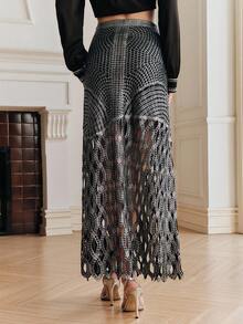 Anewsta 夏季、海滩、节日、假日、优雅的 Macrame 镂空钩针定位刺绣箔中长裙 - 黑與白 - 查看 6