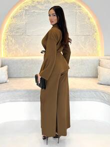 Shopreo Women Vintage Casual Vacation Office Round Collar Belted Loose Shacket And High Waist Loose Pants - Chocolate Brown - View 2