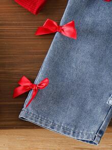 Baby Girls' Red Ribbed Short Sleeve T-Shirt And Blue Pants With Bow 2-Piece Casual Outfit Baby Girl Jeans Outfit Red Casual Baby Set Red Baby Outfit Toddler Girl Clothes Baby Girl Red Outfit - Red - View 5