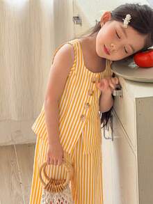 SHEIN 女童条纹印花方领背心和裤子休闲套装 - 黃色 - 查看 3