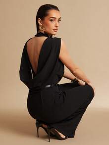 Silquee Women's Elegant Backless Jumpsuit For Commuting, Solid Color, Summer - Black - View 1