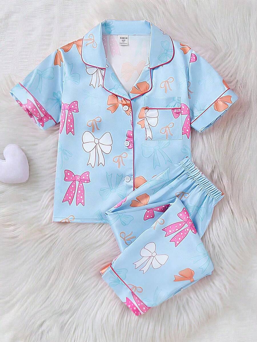两件套少女浅粉色缎带蝴蝶结印花短袖开衫和裤子休闲家居服套装 - 藍色 - 查看 1