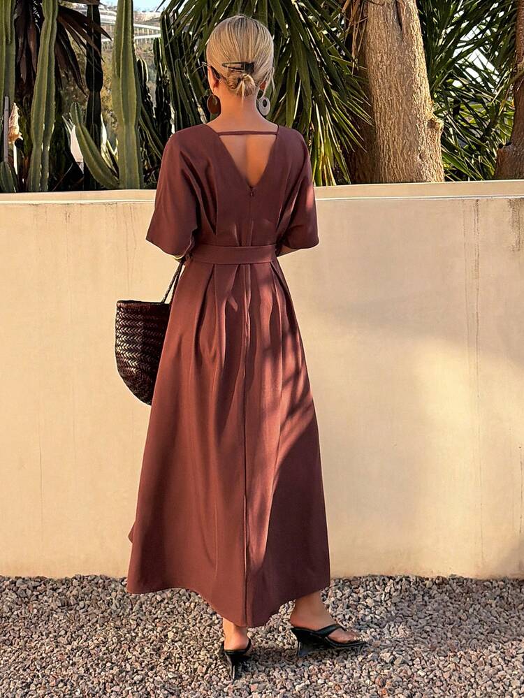 Women's Elegant Solid Color V-Neck Belted Long Dress, Summer, Wedding Guest Dress Women Dress Sundress