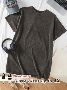 SHEIN CURVE+ 大码休闲卡通“坏女孩”英文印花连衣裙，女士夏季海滩装扮/沙滩裙/海滩度假装/海滩必备/毕业典礼/下午茶派对连衣裙，夏季吊带裙/乡村风/海滩度假装/海滩装/沙滩服饰 - 深灰色 - 查看 7