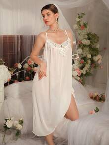 DelicateAllure Camisón elegante de mujer de unicolor con bordado y aplicación - Blanco - Ver 4