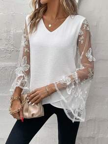 SHEIN Clasi Women's Patchwork Butterfly Embroidered Mesh Flare Sleeve Loose Blouse - White - View 4