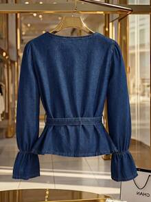 GlowEve Women's V-Neck Ruched Casual Versatile Daily Wear Long Sleeve Denim Blouse - Blue - View 2