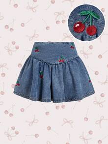SHEIN MOD 女士休闲樱桃刺绣牛仔迷你裙，夏季 - 藍色 - 查看 1