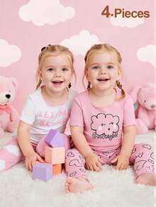 4件套女童睡衣套装，可爱云朵印花针织短袖长裤两件套睡衣 - 彩色 - 查看 2