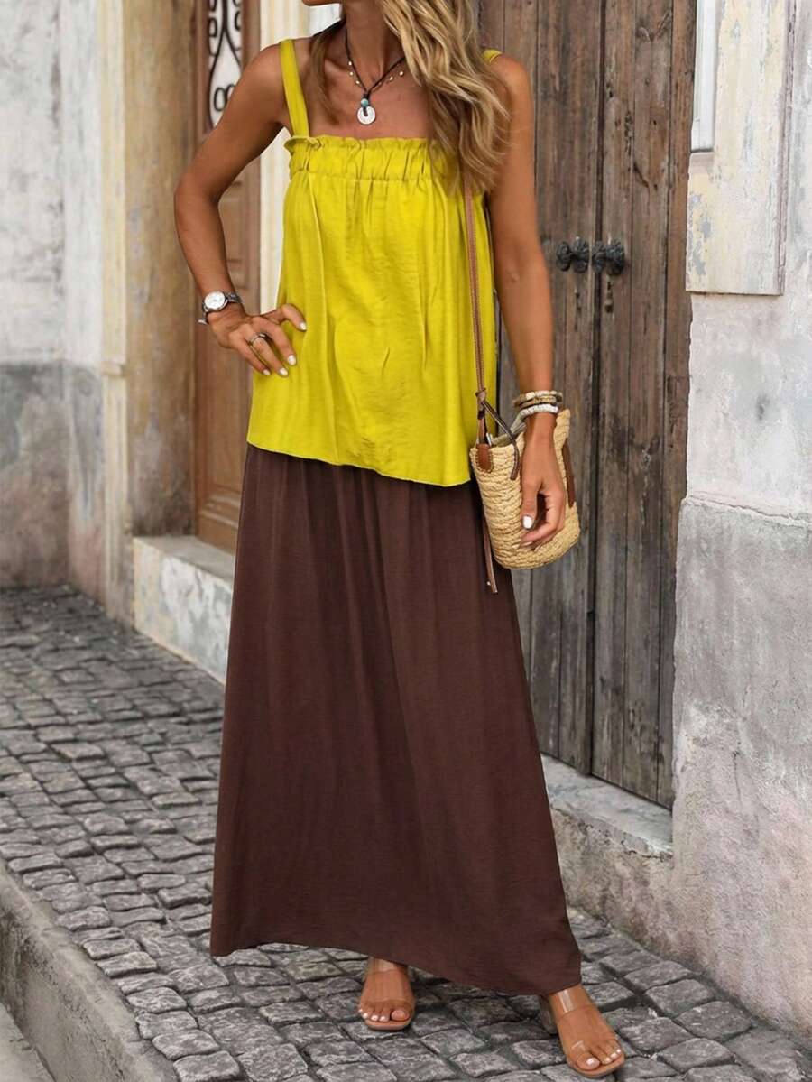 Women's Casual Ruffle Strap Top And Loose Long Skirt 2-Piece Set, Suitable For Outdoor, Vacation, Spring/Summer, Spring Clothes Women , Summer Dress , Summer Dresses For Women , Summer Outfits  , Summer Holiday Outfits Summer Skirt And Top Set - Multicolor - View 1