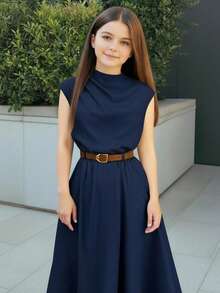 Firerie Kids NovaGlow Tween Girl Tween Girls Casual Chic Commuter Stand Collar Flared Waist Navy Blue A-Line Dress - Navy Blue - View 4