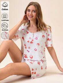 Loomlin 纯棉女士爱心气球印花纽扣蕾丝装饰两件套睡衣T恤+短裤休闲可爱睡衣套装 - 杏色 - 查看 1