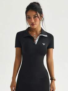 Gameset SHEIN Sport 女士运动瑜伽户外健身Polo衫，翻领，单侧条纹撞色，腰部收紧弧形下摆 - 黑色 - 查看 1