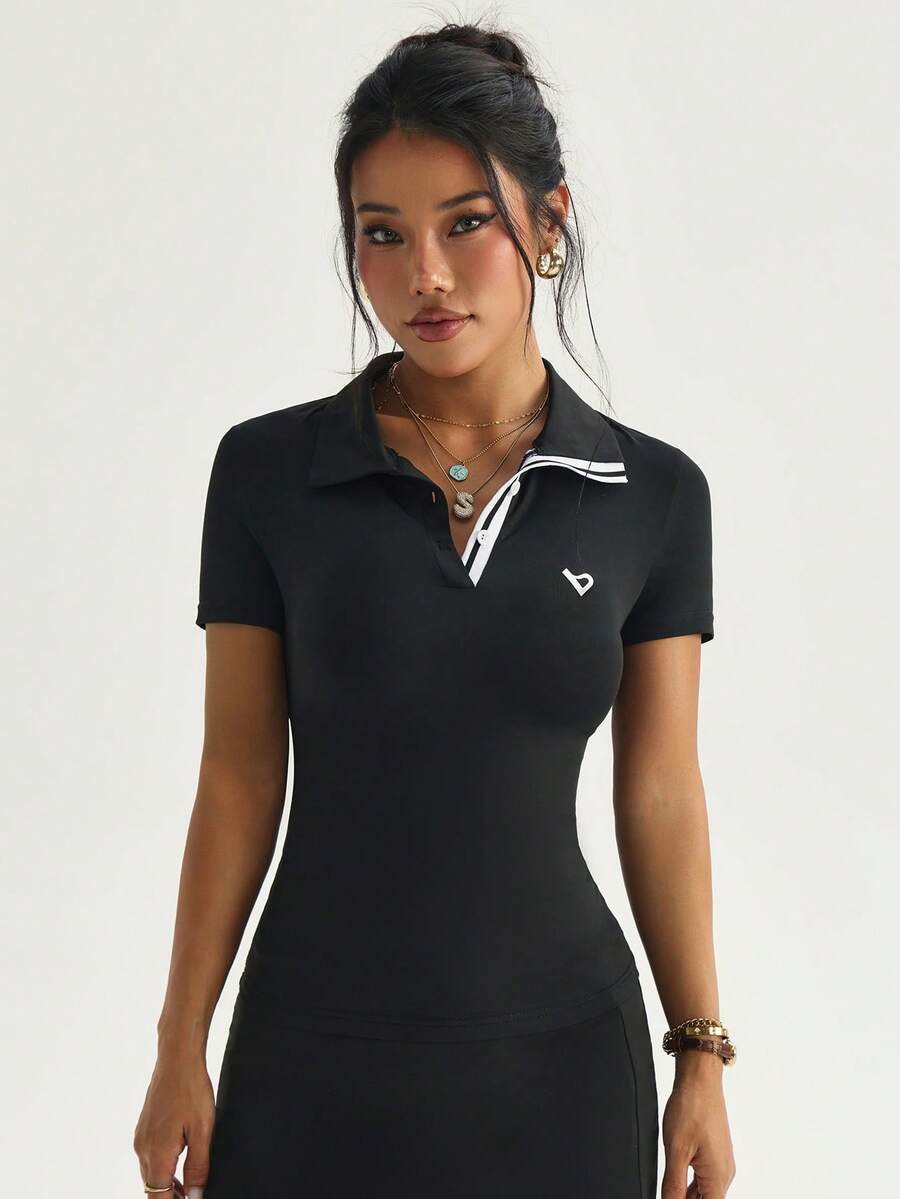 Gameset SHEIN Sport 女士运动瑜伽户外健身Polo衫,翻领,单侧条纹撞色,腰部收紧弧形下摆 - 黑色 - 查看 1