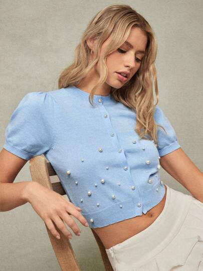 WESTFADE 女士泡泡袖珍珠装饰针织开衫