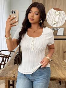 SHEIN LUNE 加大码女式春夏方领修身心形金属扣装饰休闲T恤 - 杏色 - 查看 1
