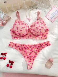 PetitDoll 2pcs Cherry Blossom Print Plus Size Lingerie Set, Semi-Sheer - Pink - View 6