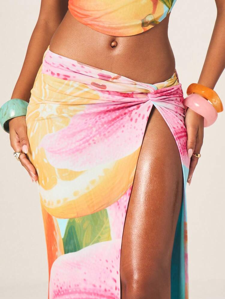 MISSGUIDED Citrus Print Halter Top And Maxi Skirt Two Piece Set Summer Vacation Beach Resort Coordinated Outfit With Side Split Detail