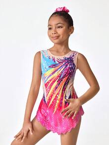 SHEIN Tween Girls Sleeveless Printed Leotard, Soft & Skin-Friendly, Snug Fit Design To Prevent Exposure, Suitable For Sports, Gymnastics, Dance Competitions, All Seasons - Orange - View 4