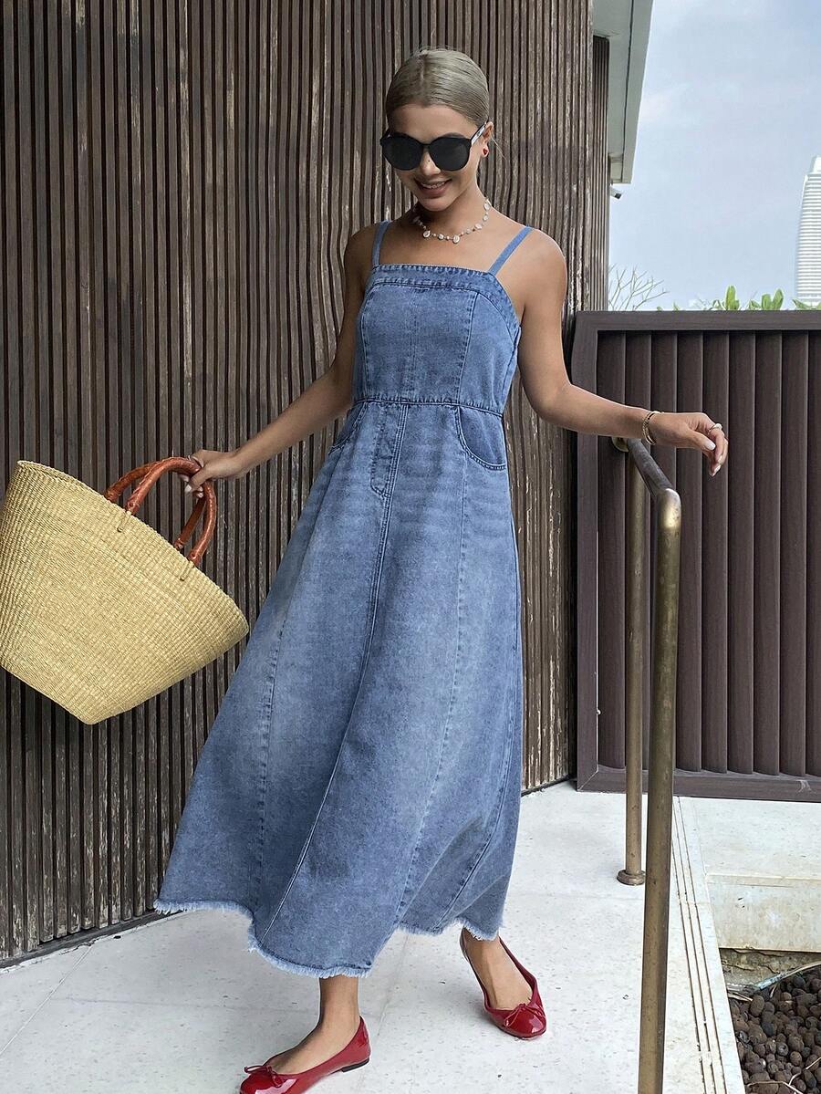 DAZY Women's Casual Washed Pocket Strap Denim Dress, Summer - Blue - View 1