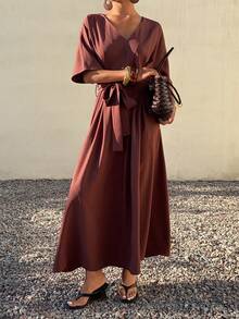 DAZY Đầm dài cổ chữ V màu trơn thanh lịch dành cho nữ, có thắt lưng, thích hợp cho mùa hè, dự tiệc cưới, đầm hè. - Cà phê nâu - Xem 6