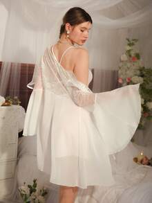 2pcs Sexy Chiffon Camisole Dress & Robe Sleepwear Set For Women - White - View 2