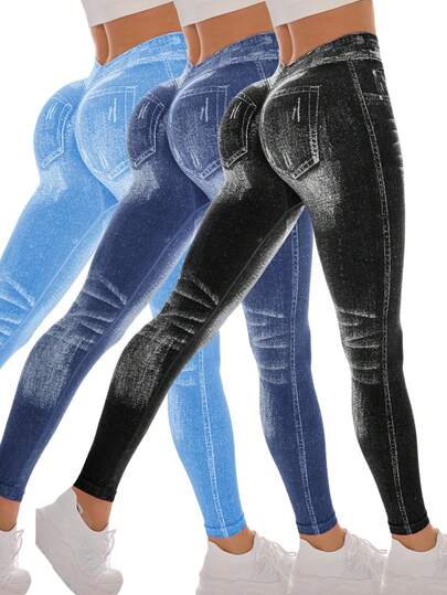 Velisys 3 piezas Leggings moldeadores de cintura alta sin costuras en negro, azul y azul claro para mujeres