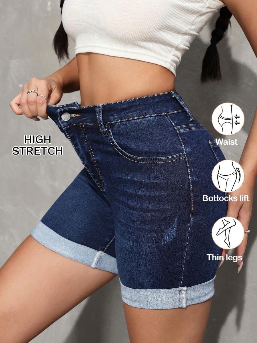 SHEIN Tall Women's Summer Casual High Waist Denim Shorts High-Stretch, Comfortable Fabric Cuffed Hem Dark Blue Stretchy Jean Shorts With Pockets Perfect For Beach & Vacation Outfits Women's Solid Color Casual Denim Shorts - Dark Wash - View 1