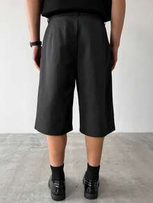 Manfinity Hypemode Men's Black Crisp Loose Straight Leg 7/8 Pants,Summer Basic Casual City Break Pleated Oversized Baggy Wide Leg Shorts For Man,Fashionable Gift For Him - Black - View 2